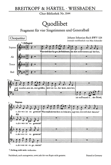 Quodlibet "Was sind das fuer grosse Schloesser" BWV 524