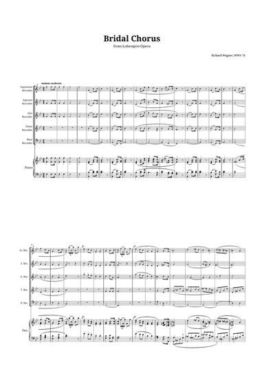 Bridal Chorus by Wagner for Recorder Quintet and Piano