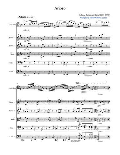 Bach Arioso (BWV 156) for Cello and Chamber Orchestra - SCORE