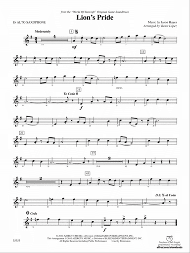 Lion's Pride (from the "World of Warcraft" Original Game Soundtrack): E-flat Alto Saxophone