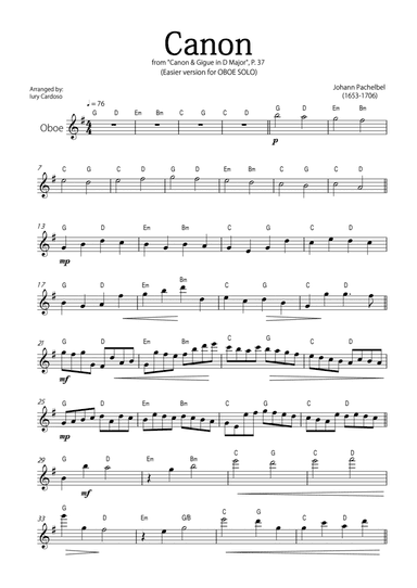 "Canon" by Pachelbel - EASY version for OBOE SOLO.