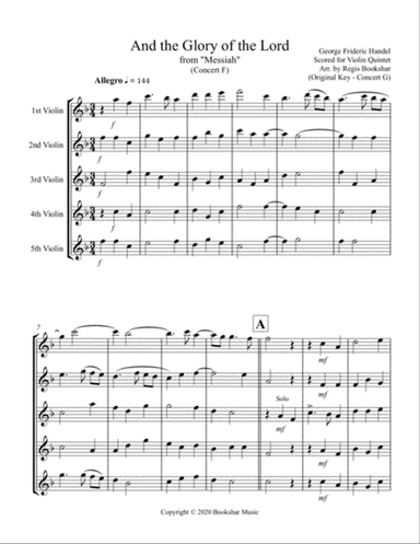 And the Glory of the Lord (from "Messiah") (F) (Violin Quintet)