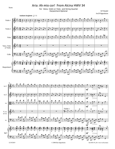 Handel: Aria "Ah mio cor!" From Alcina HWV 34; arranged for Voice, Violin or Viola, String Quartet