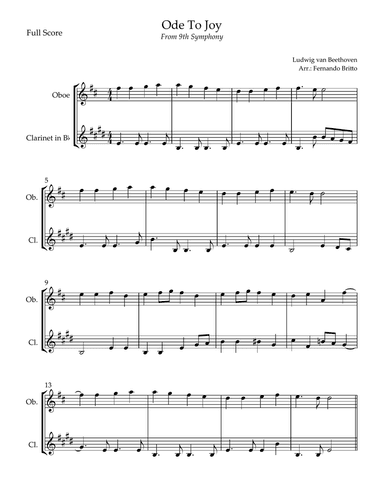 Ode To Joy Theme (from Beethoven's 9th Symphony) for Oboe & Clarinet in Bb Duo