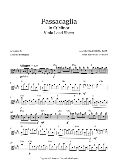 Passacaglia - Easy Viola Lead Sheet in C#m Minor (Johan Halvorsen's Version)
