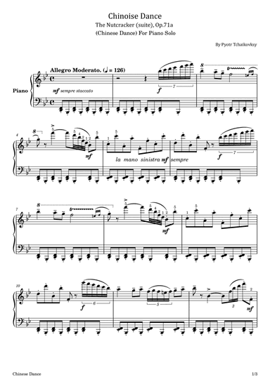 Tchaikovsky - Chinoise Dance (Chinese Dance) Op.71a - Original With Fingered - For Piano Solo