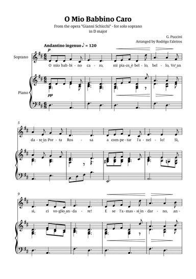 O Mio Babbino Caro - for soprano (in D major)