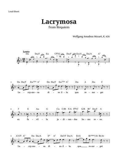 Lacrymosa from Requiem by Mozart for Lead Sheet