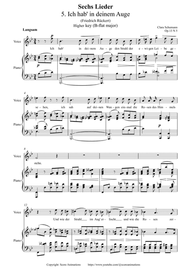 C.SCHUMANN. Ich hab' in deinem Auge Op 13 N5 in B-flat major (Higher key)