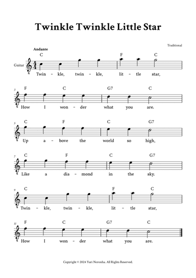 Twinkle Twinkle Little Star - Easy Guitar (C Major - with Lyrics, Chords)