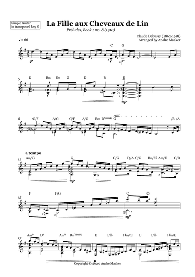 La Fille aux Cheveaux de Lin / The Girl With The Flaxen Hair by Claude Debussy. Simple guitar arrang