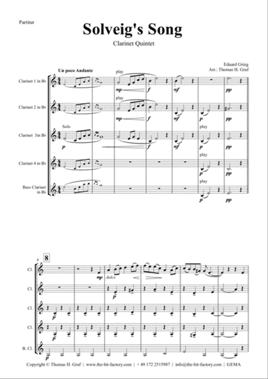 Solveig's Song - from Peer Gynt Suite - Clarinet Quintet