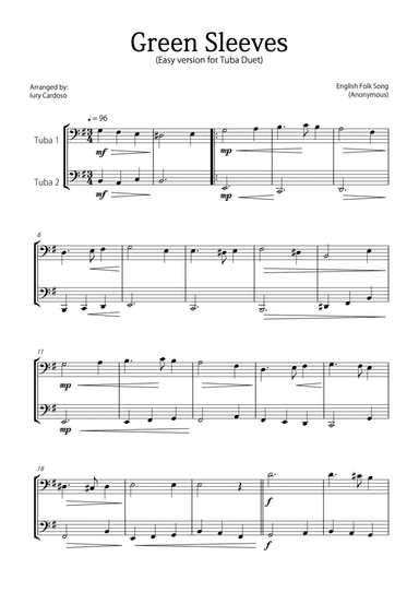 "Green Sleeves" - Beautiful easy version for TUBA DUET