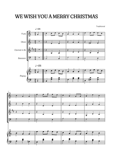 We Wish You a Merry Christmas for Woodwind Quartet & Piano • easy Christmas sheet music