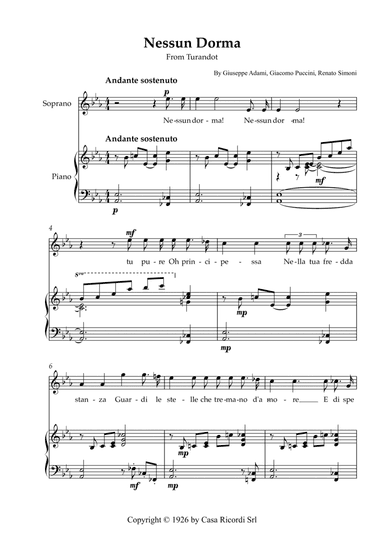Nessun Dorma - Soprano & Piano