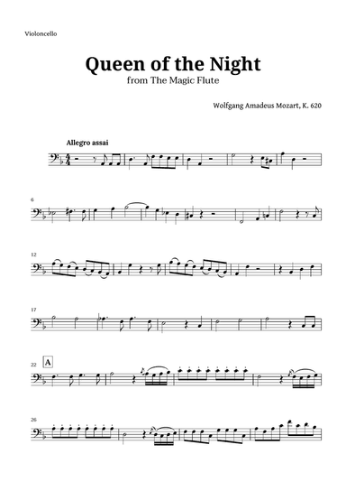 Queen of the Night by Mozart for Cello Solo