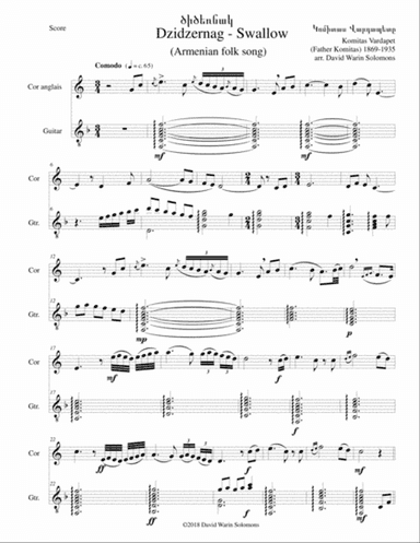 Swallow ԾԻԾԵՌՆԱԿ (Dzidzernag) arranged for cor anglais and guitar