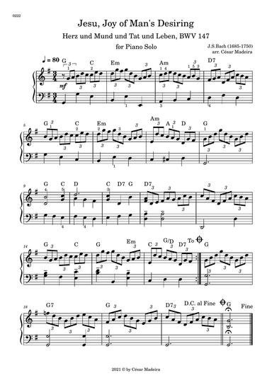 Jesu, Joy of Man's Desiring - Piano Solo - W/Chords