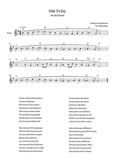 Beethoven - Ode To Joy for voice with chords in G (Lyrics in German)