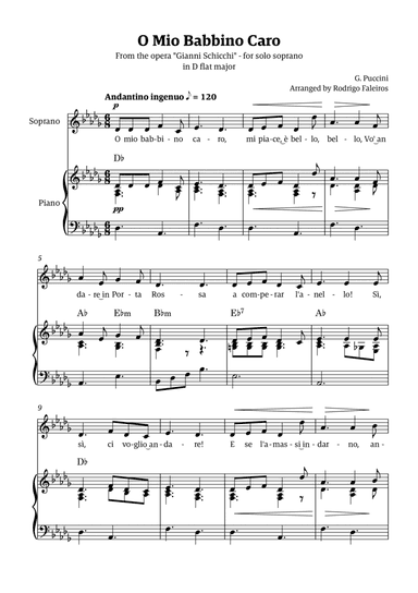 O Mio Babbino Caro - for soprano (in D flat major)