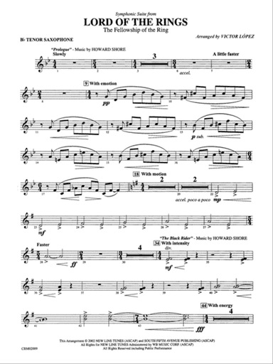 The Lord of the Rings: The Fellowship of the Ring, Symphonic Suite from: B-flat Tenor Saxophone
