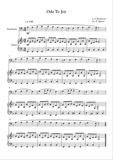 Ode To Joy, Ludwig Van Beethoven, For Trombone & Piano