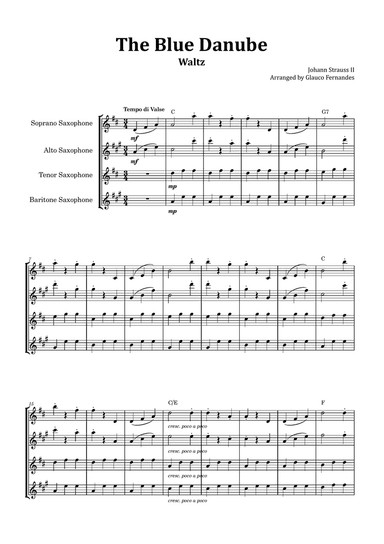 The Blue Danube - Saxophone Quartet with Chord Notations