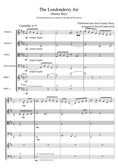 The Londonderry Air (Danny Boy) tune from County Derry arranged for String Orchestra/Quartet