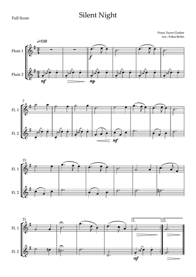 Silent Night (Christmas Song) for Flute Duo