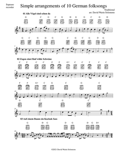 10 Volkslieder - Simple arrangements of 10 German folk songs (soprano recorder and guitar chords)