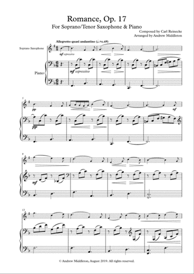 Romance Op. 17 arranged for Tenor Saxophone and Piano