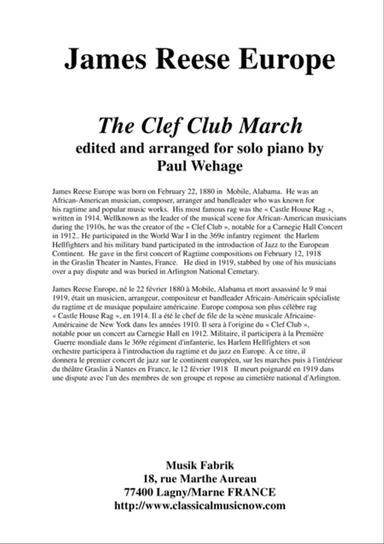 James Reese Europe: "The Clef Club March", arranged for solo piano