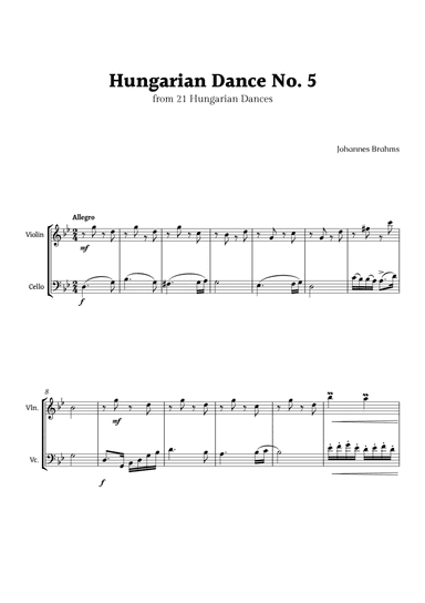 Hungarian Dance No. 5 by Brahms for Violin and Cello Duet