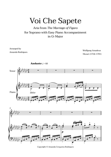 Voi Che Sapete from "The Marriage of Figaro" - Easy Tenor and Piano Aria Duet in Gb Major