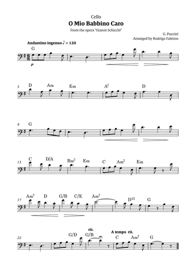 O Mio Babbino Caro - for cello solo (with chords)