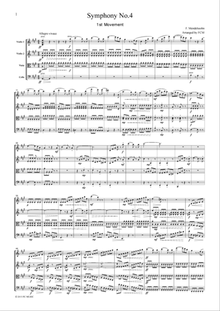 Mendelssohn Symphony No.4 1st mvt, for string quartet, CM205