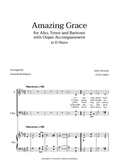 Amazing Grace in D Major - Alto, Tenor and Baritone with Organ Accompaniment