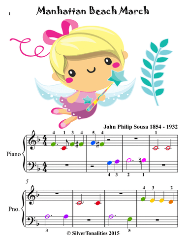 Manhattan Beach March Beginner Piano Sheet Music with Colored Notes