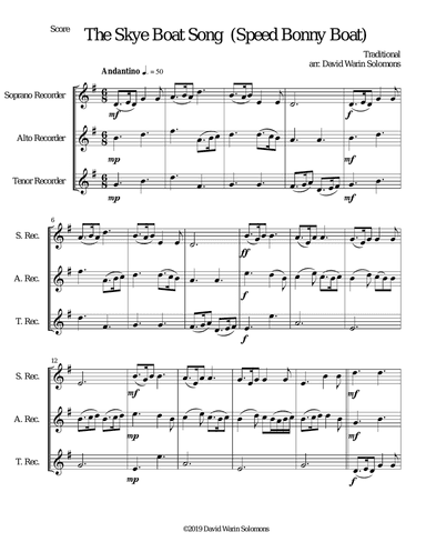 The Skye boat song (Speed bonny boat) for recorder trio (soprano, alto, tenor)