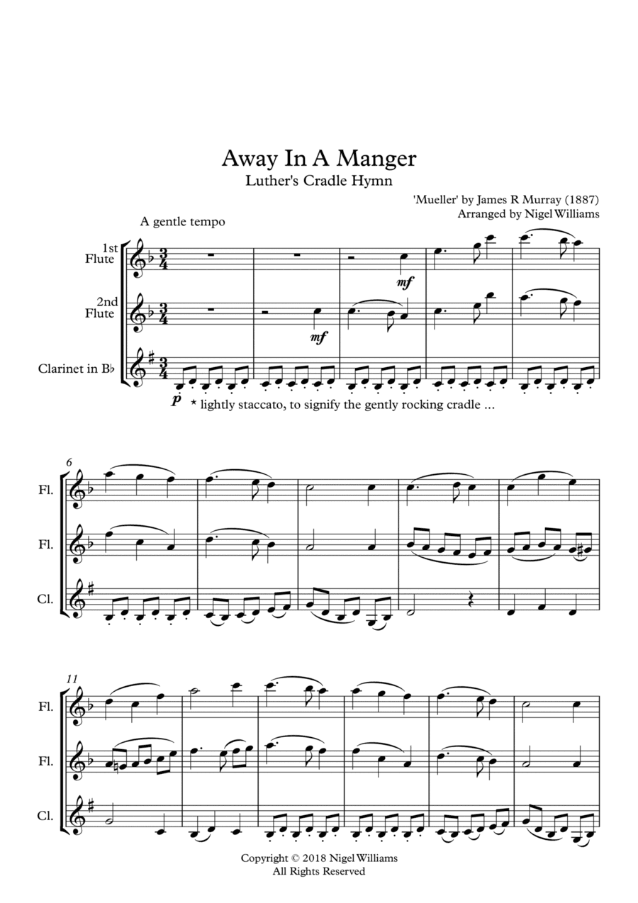 Away In A Manger, for Two Flutes and Clarinet in Bb
