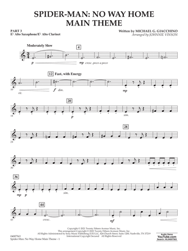 Spider-Man: No Way Home Main Theme (arr. Vinson) - Pt.3 - Eb Alto Sax/Alto Clar.