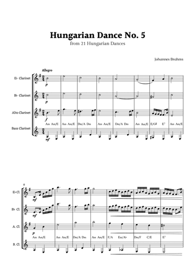 Hungarian Dance No. 5 by Brahms for Clarinet Ensemble Quartet