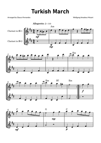 Turkish March by Mozart - Clarinet Duet with Chord Notations