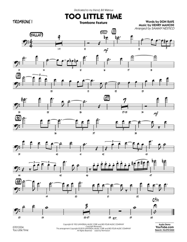 Too Little Time (arr. Sammy Nestico) - Conductor Score (Full Score) - Trombone 1