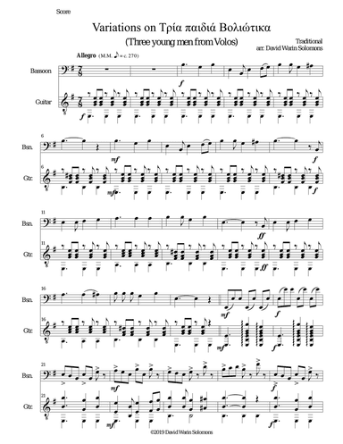 Variations on Tria paidia voliotika (Three young men from Volos) for bassoon and guitar