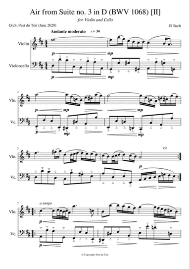 Air from Suite no.3 in D, BWV 1068 Andante moderato (II) - JS Bach (Violin & Cello)