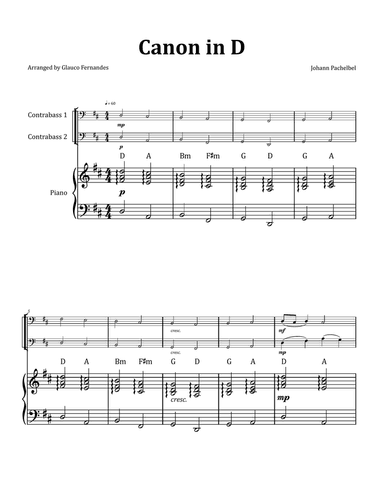 Canon by Pachelbel - Double Bass Duet with Piano and Chord Notation