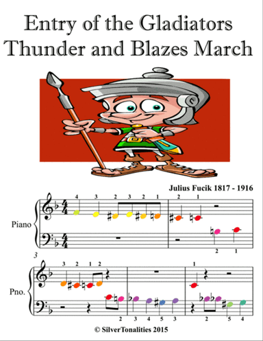 Entry of the Gladiators Thunder and Blazes March Beginner Piano Sheet Music with Colored Notes