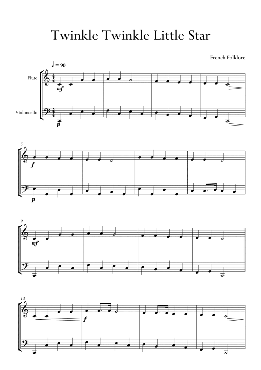 Twinkle Twinkle Little Star in C Major for Flute and Cello (Violoncello) Duo. Easy.