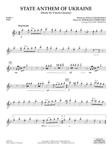 State Anthem of Ukraine (Shche Ne Vmerla Ukrainy) (arr. Murtha) - Pt.1 - Flute